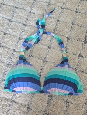 Victoria's Secret Teal, Aqua, Navy & Light Pink Striped Halter Bikini Top